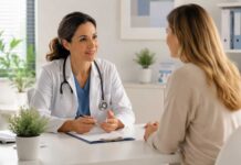 Imagen de una médico atendiendo en consulta.